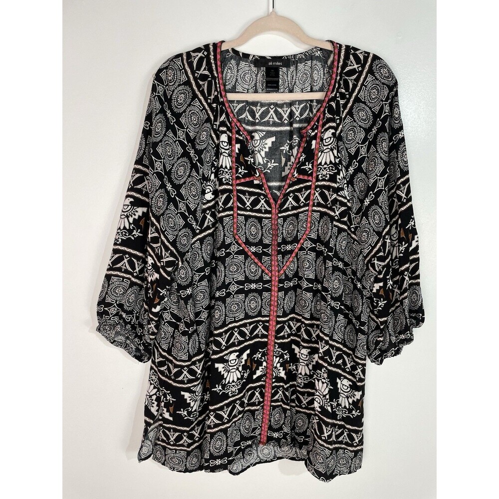 Ali Miles Top 3X Black Pink Embroidery Trim Artsy Tribal Aztec Lagenlook Boho